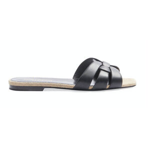 Saint Laurent YSL Tribute Nu Pieds Black Leather Beige Rope Slide Sandal Flat 36
